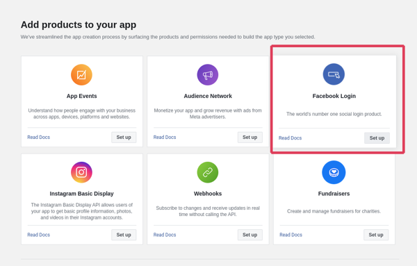 Add product your app Facebook login